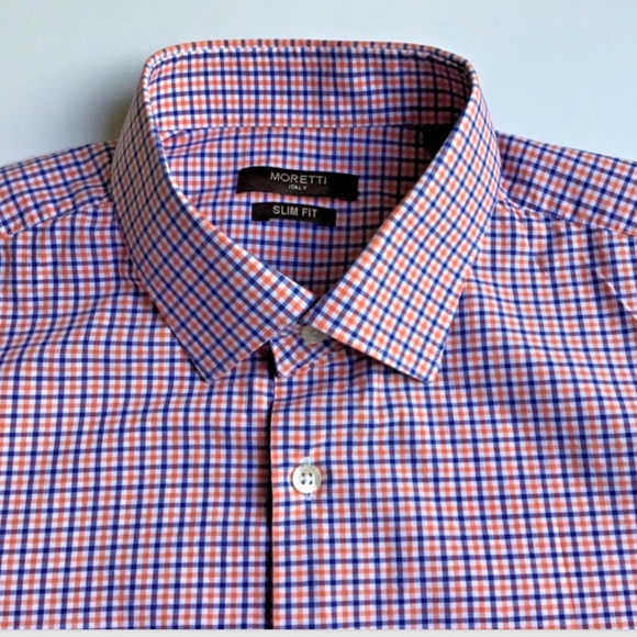 Moretti Italy slim fit navy & red checkered cotton dress shirt Sz XL - Picture 3 of 10